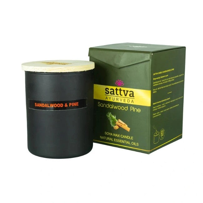 Natūrali kvapni žvakė „Sandalmedis ir pušis“ (Sandalwood & Pine), Sattva Ayurveda